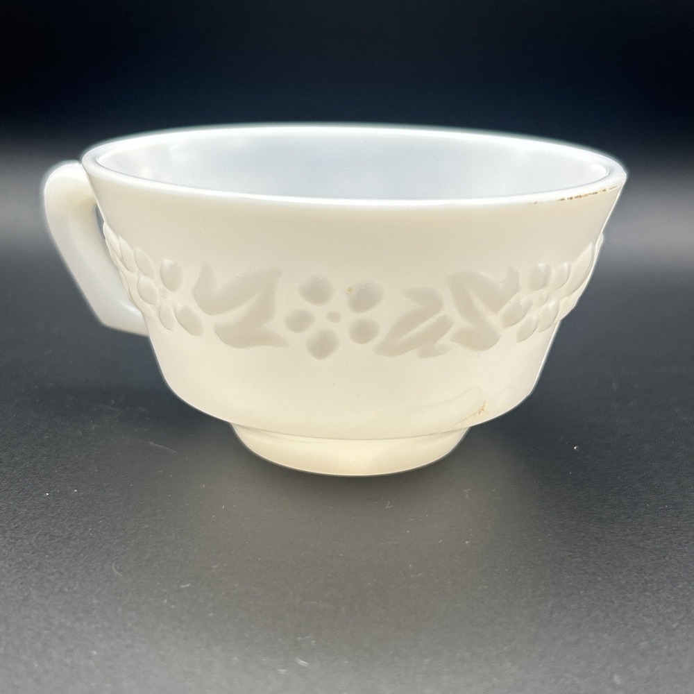 Vintage Hazel Atlas Glass Platonite Teacup Floral Rose Embossed White - Picture 3 of 7